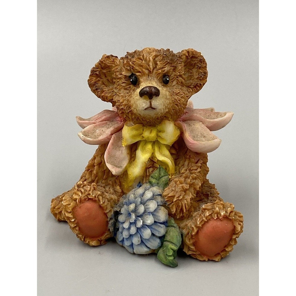 Artmark Vintage 3” Sitting‎ Teddy Bear W/ Blue Flower Figurine